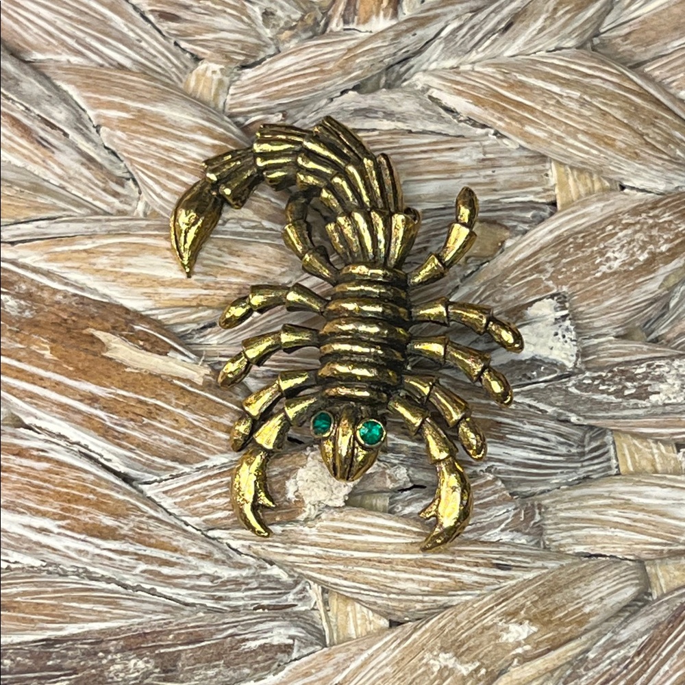 Gold Tone Scorpion Brooch with Green Rhinestone‎ Eyes